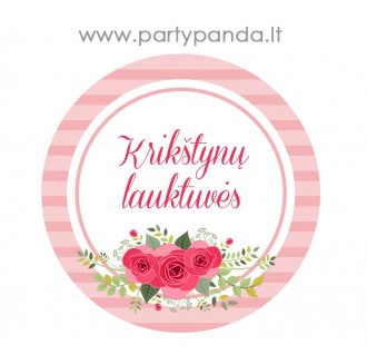 Krikštynų etiketė-lipdukas "Krikštynų lauktuvės" su gėlėmis, rožinis