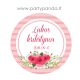 Krikštynų etiketė-lipdukas "Krikštynų lauktuvės" su gėlėmis, rožinis